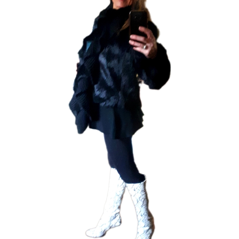 Black Rabbir Fur Bomber Jacket-Satin Lining